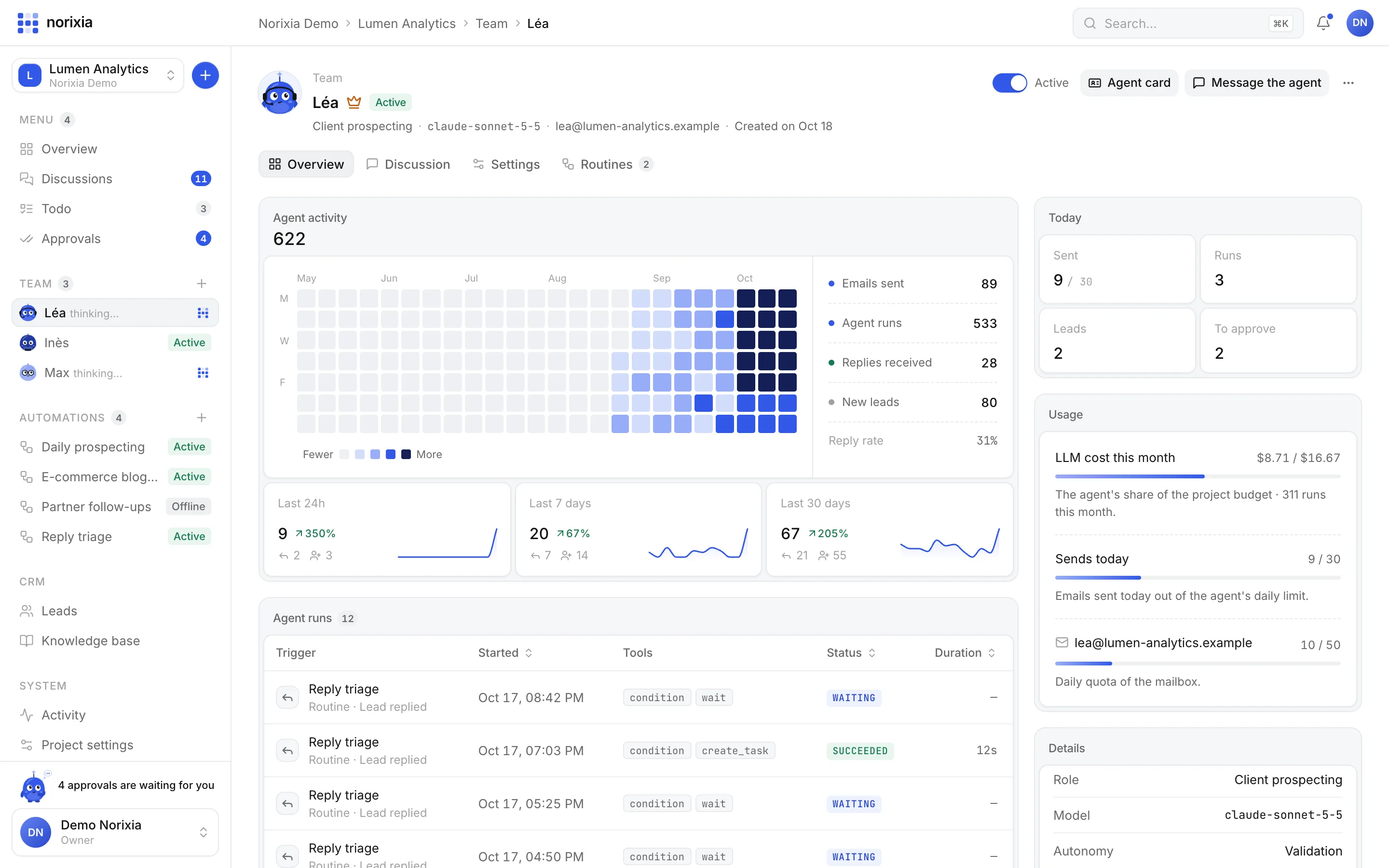 Léa's agent page with KPIs, heatmap and runs