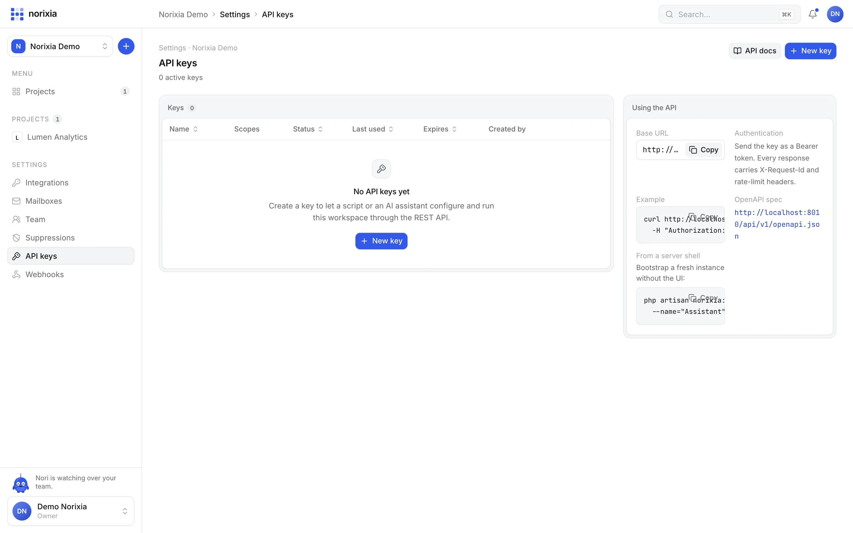 API keys settings