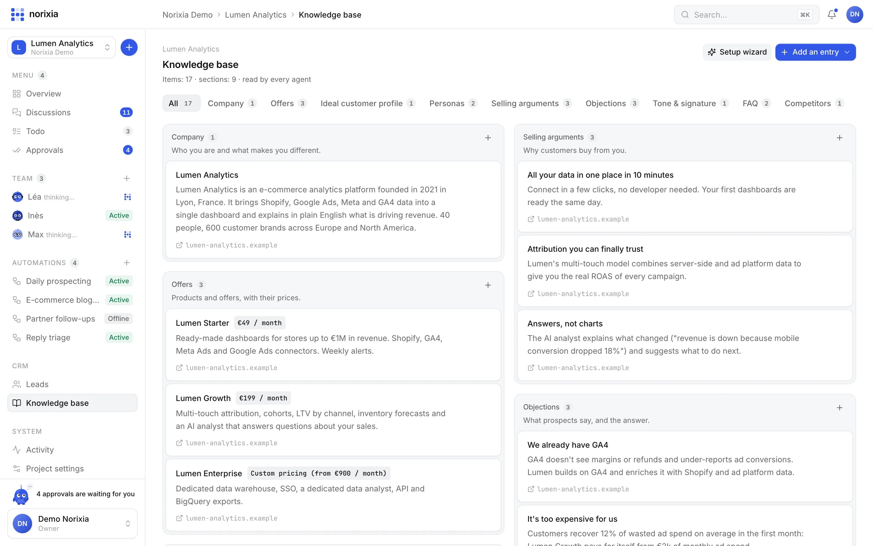 Knowledge base with company, offers, arguments and objections